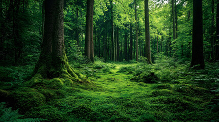 Fototapeta premium green forest with a large tree at the center, surrounded by various types of plants and sunlight shining down from above 