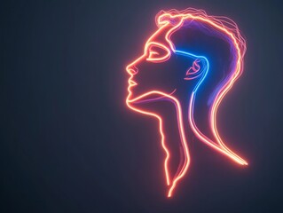 Obraz premium Neon outline of male head profile with glowing pink and blue neon lines on dark futuristic background depicting cyberpunk technology concept for modern digital art and AI inspired wallpaper