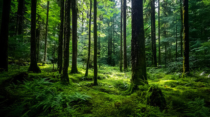 Fototapeta premium green forest with a large tree at the center, surrounded by various types of plants and sunlight shining down from above 
