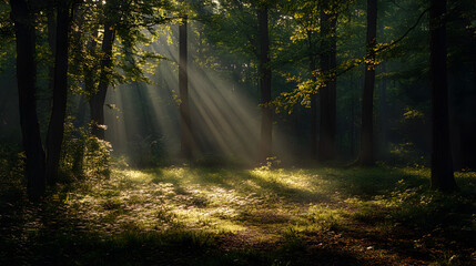 forest scene with sunlight streaming through the branches, casting patterns of light and shadow on the ground below 