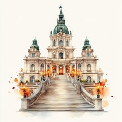 Obraz premium Baroque palace with grand entrance symmetrical staircases and intricate sculptures surrounded by autumn foliage under golden light for historical landmark and European architectural photography