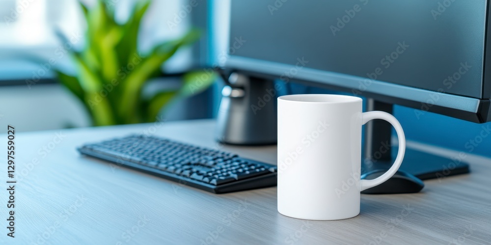 Aufkleber white coffee mug on a light wood desk next to a computer keyboard and monitor. neutral background wi