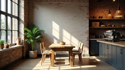 Sunlit Industrial Loft Kitchen Dining Area with Wooden Table and Chairs