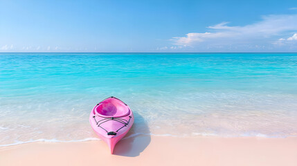 Obraz premium Pink kayak on tranquil beach, turquoise water, sunny sky. Vacation travel poster