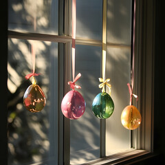 "Easter Eggs Hanging from a Window, Tied with Ribbons, Casting Colored Shadows from the Light. Artful, Creative Display."