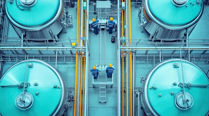 Aerial View of Beer Production Facility Showcasing Brewing Tanks, Workers in Safety Gear, and Industrial Equipment for Quality Control