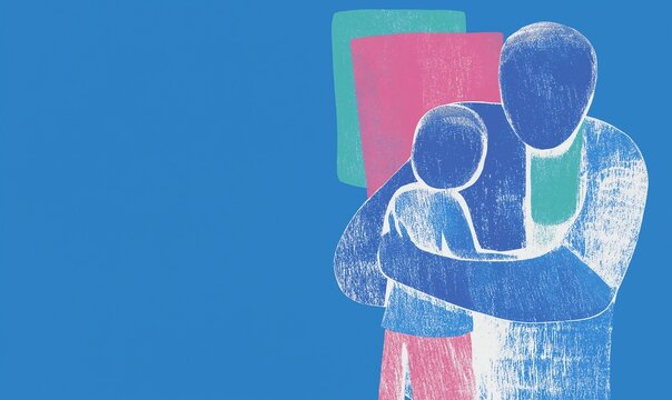 adult hugging a younger person in a familial bond illustration in abstract chalk or oil pastel 