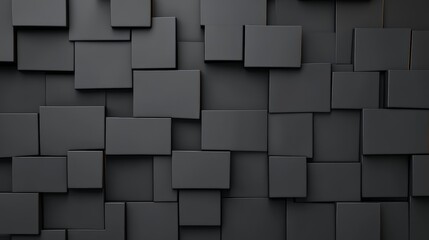 Dark abstract 3D geometric background with layered black rectangular blocks creating a modern minimalistic depth effect for digital wallpaper and contemporary graphic design