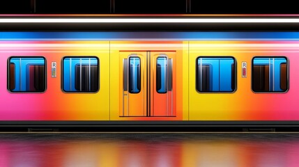 Obraz premium Bright yellow subway train with modern sleek design and bold colorful accents parked at underground station creating urban transportation aesthetic and vibrant city life photography