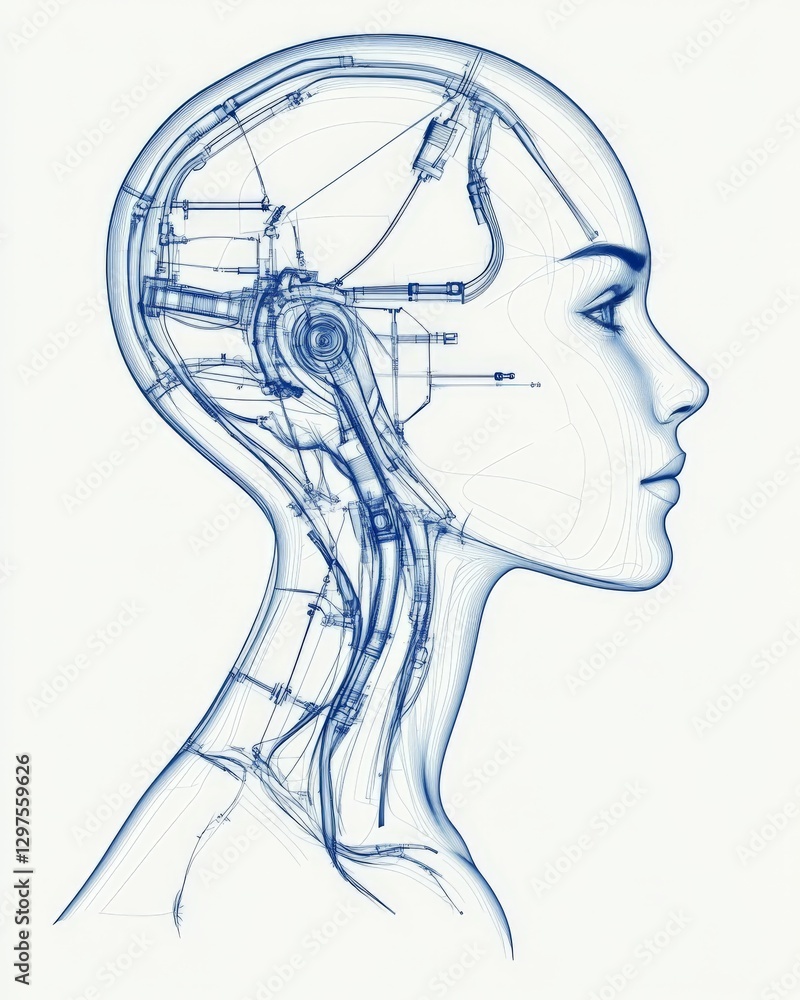 Poster technical blueprint style illustration of a human head with a digital network overlay representing a