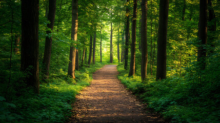 Obraz premium forest path surrounded by vibrant green foliage and towering trees, leading into a peaceful natural sanctuary 
