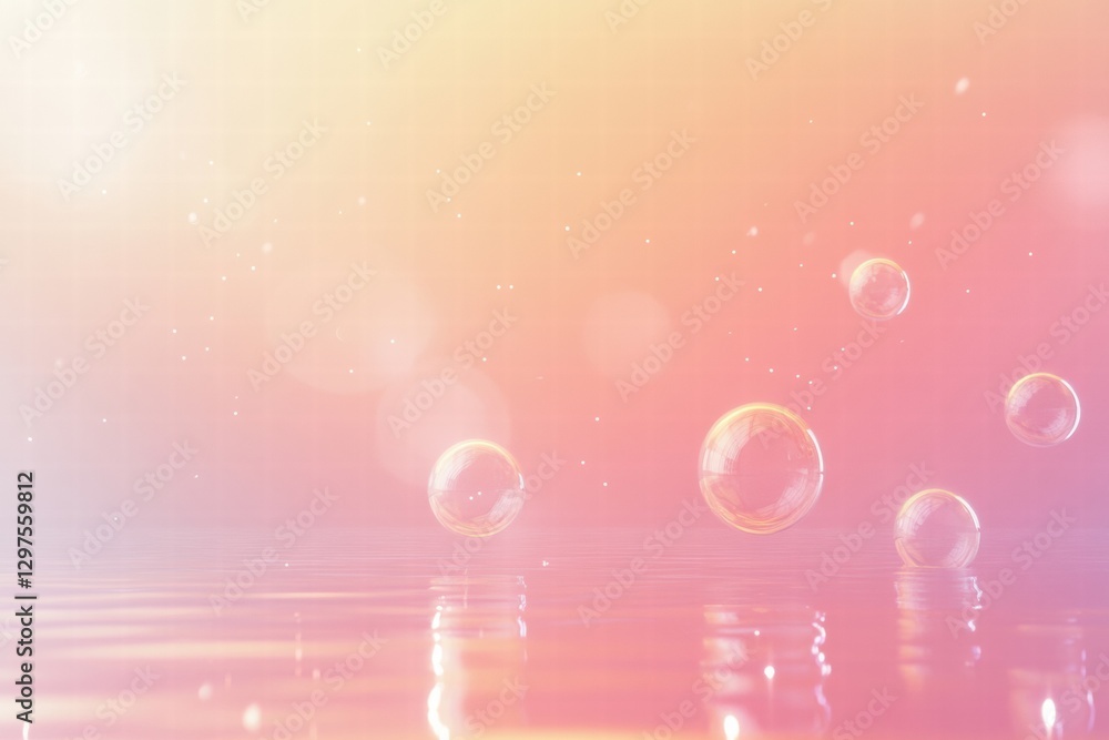 Poster bubbles floating gently above a serene water surface in a pastel colored atmosphere during a tranqui