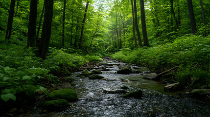 Fototapeta premium shot of a thriving green forest with a variety of trees and a stream gently flowing through the landscape 