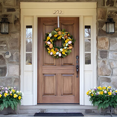 "A Front Door with an Easter Wreath, Welcoming Guests. Cheerful and Seasonal Atmosphere."