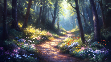 forest trail through dense trees, with wildflowers blooming along the sides and the sunlight filtering through the canopy above 
