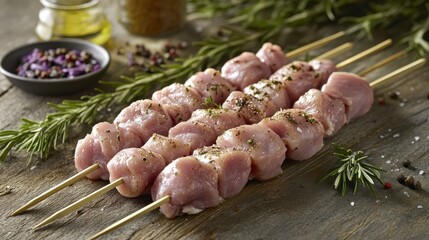 Freshly Prepared Meat Skewers with Herbs Ready for Grilling on a Rustic Wooden Table with Seasoning Ingredients