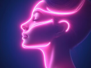 Obraz premium Abstract neon pink glowing outline of a woman’s profile against a dark background symbolizing futuristic beauty and digital minimalism in a modern high tech conceptual art illustration