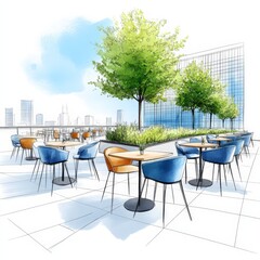 Obraz premium Sketch of restaurant or cafe location with table and chairs creative furniture 