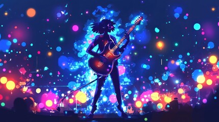 Cute cartoon character playing electric guitar concept of energetic stage performance, with bright neon colors, unique hair