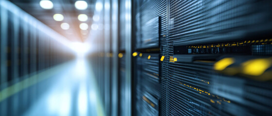 A futuristic data server room with sleek black cabinets illuminated by glowing LED lights in a high-tech environment

