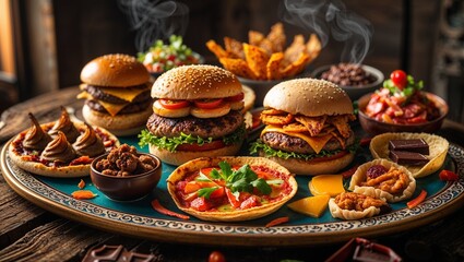  Delicious Gourmet Burger Platter with Savory Snacks and Desserts