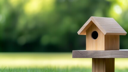 Naklejka premium Wooden birdhouse sits on a platform in a lush green yard surrounded by nature during a sunny day
