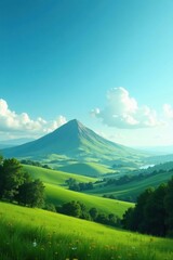 Fototapeta premium Serene Rolling Hills Under a Vast Sky, Majestic Mountain Peak in the Distance, Lush Green Meadows and Foliage, Tranquil Pastoral Scene