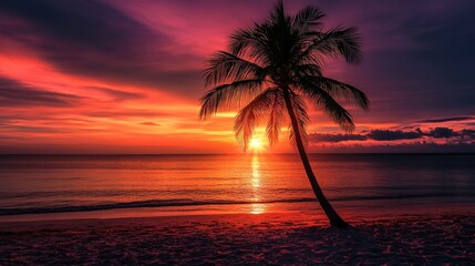 Fiery Sunset Paradise: Palm Tree Silhouette at Twilight