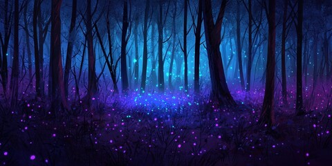 A mystical forest scene illuminated by glowing lights in shades of blue and purple, creating an enchanting and surreal atmosphere.