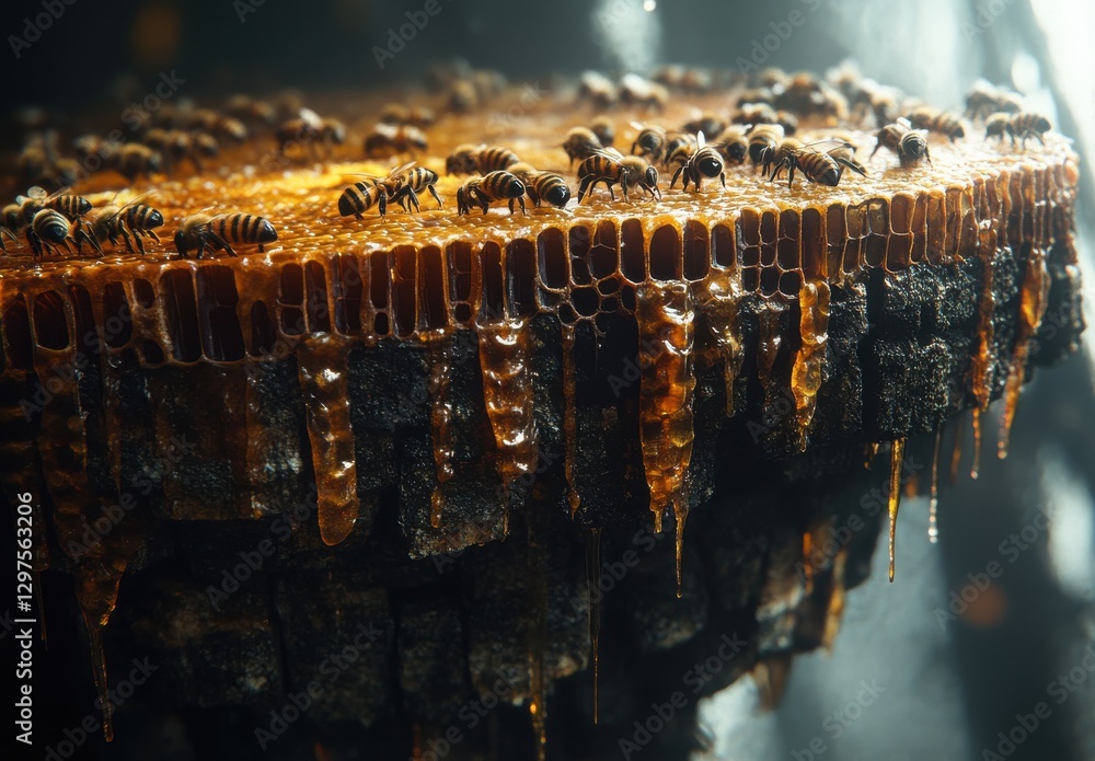 Poster close-up view of bees collecting honey from a honeycomb with dripping honey in a natural environment
