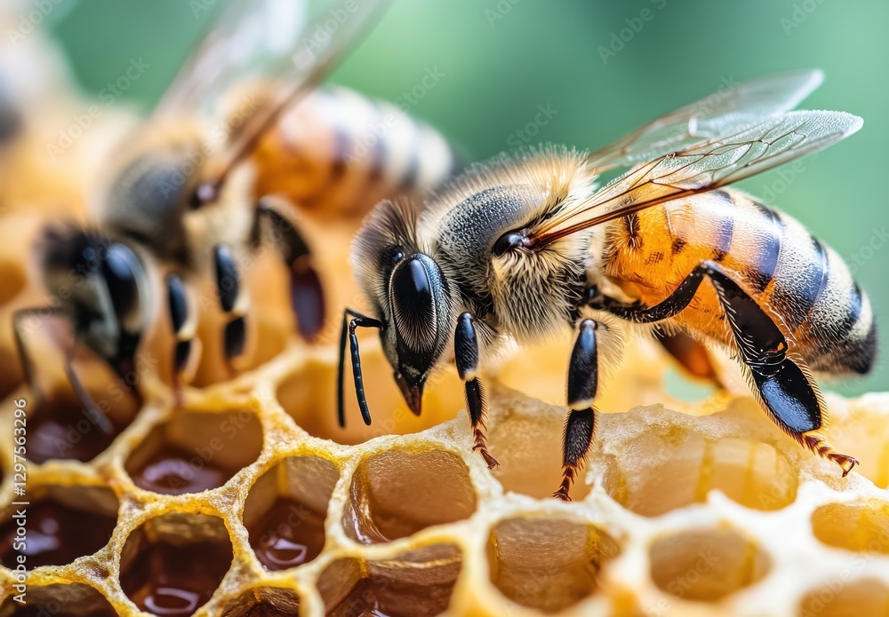 Poster close-up view of bees gathering nectar and building honeycomb in a natural hive under soft sunlight,