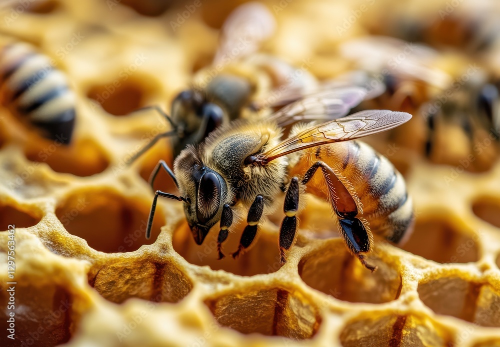 Poster Close-Up View of Bees on Honeycomb with Detailed Texture and Intricate Patterns Under Natural Lighting in a Beehive