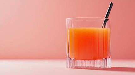 Glass of Orange Juice with Black Straw on Pink Background