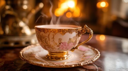 Fototapeta premium Elegant Teacup with Steam Against Cozy Fireplace Background