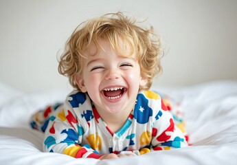 A happy little boy with blond hair wearing colorful pajamas is laughing and playing on the bed in his bright white bedroom