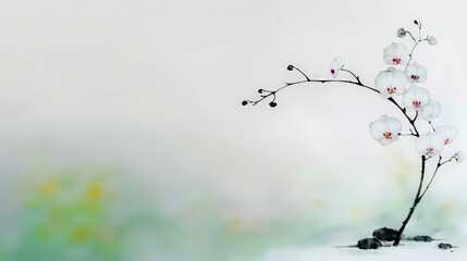 Serene White Orchid Blossom  Minimalist Ink Wash Painting