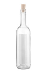 Corked glass bottle with rolled letter isolated on white