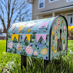 "A Mailbox Decorated with Easter Stickers and Flags, Creating a Fun and Neighborhood Feel."