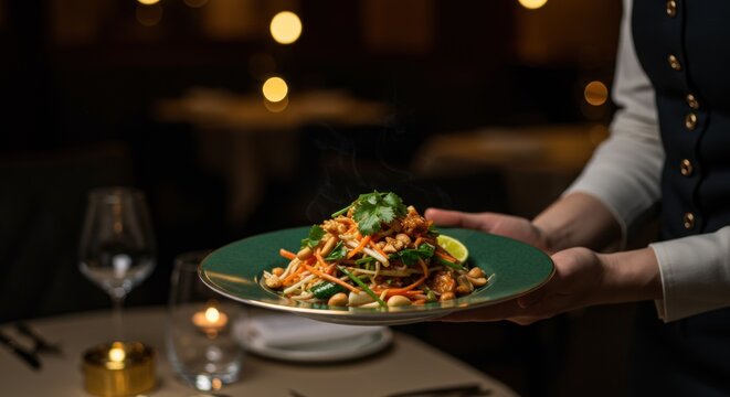 Elegant waiter serving a steaming plate of vibrant karedok in a cozy restaurant setting