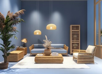 A Scandinavian-style living room with blue walls, wooden furniture, and modern decor.