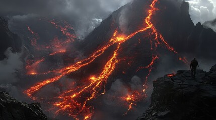 Erupting Volcano with Flowing Lava and Dramatic Cloudy Sky