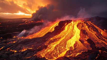 Erupting Volcano with Flowing Lava at Sunset in Dramatic Landscape