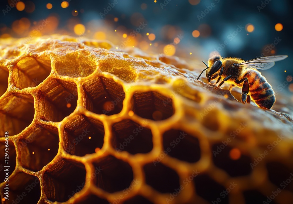 Poster close-up view of honey bee collecting nectar with detailed honeycomb structure and soft glowing back