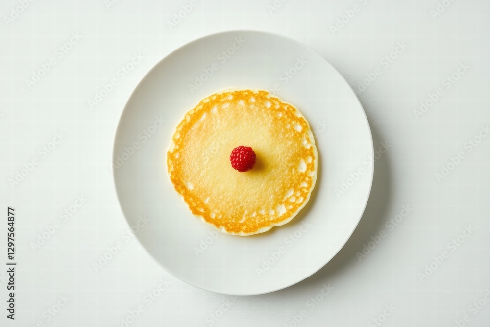 Poster Delicious pancake topped with a fresh raspberry on a clean white plate displayed on a minimalistic background. Generative AI