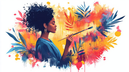 woman with curly hair holds paintbrush, surrounded by vibrant abstract colors and leaves, expressing creativity and passion