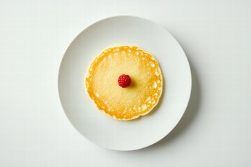 Delicious pancake topped with a fresh raspberry on a clean white plate displayed on a minimalistic background. Generative AI