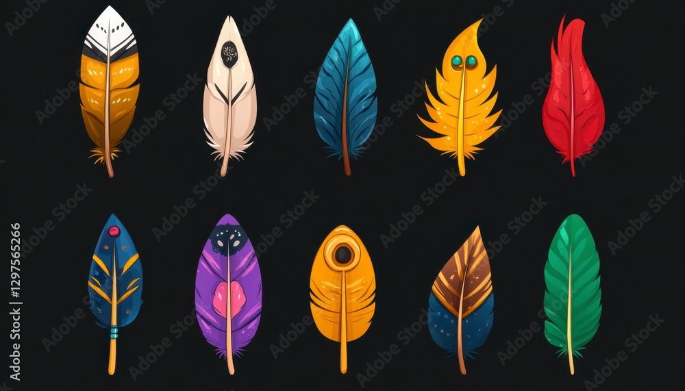 Poster collection of twelve vibrant pixel art feathers, each showcasing unique color palettes and patterns 
