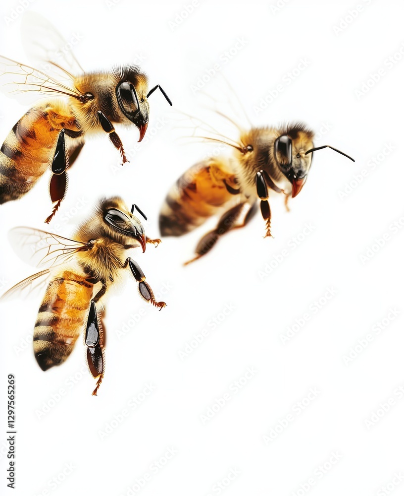 Poster close-up view of honey bees in flight captured on white background for nature and pollination enthus