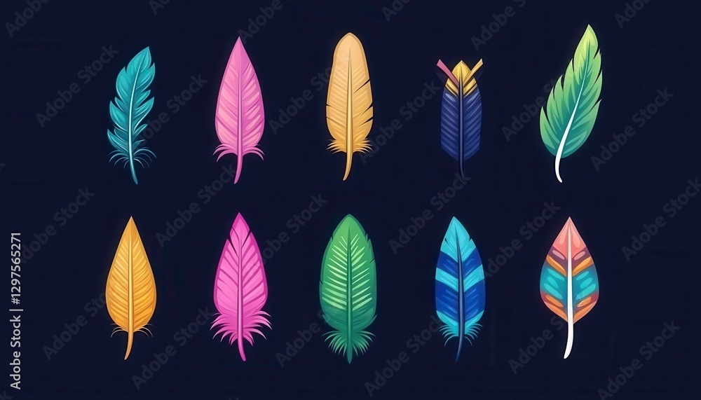 Poster collection of twelve vibrant pixel art feathers in various colors and patterns against a dark blue b