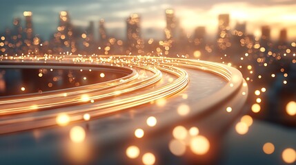 Dynamic light trails illuminating city skyline urban setting photography evening glow aerial view technology concept